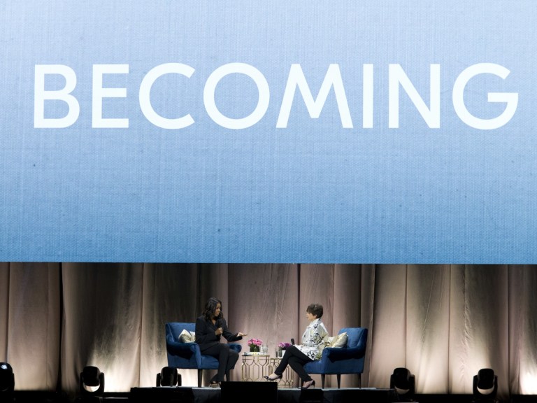 Michelle Obama with Valerie Jarrett at Becoming tour in Washington DC_APImages 2