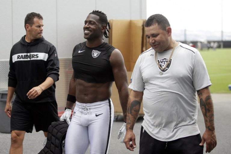 Antonio Brown Practices With Raiders In Certified Helmet