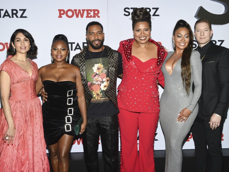 Power final season premiere_Lela Loren, Naturi Naughton, Omari Hardwick, Courtney A. Kemp, La La Anthony and Joseph Sikora_AP Images