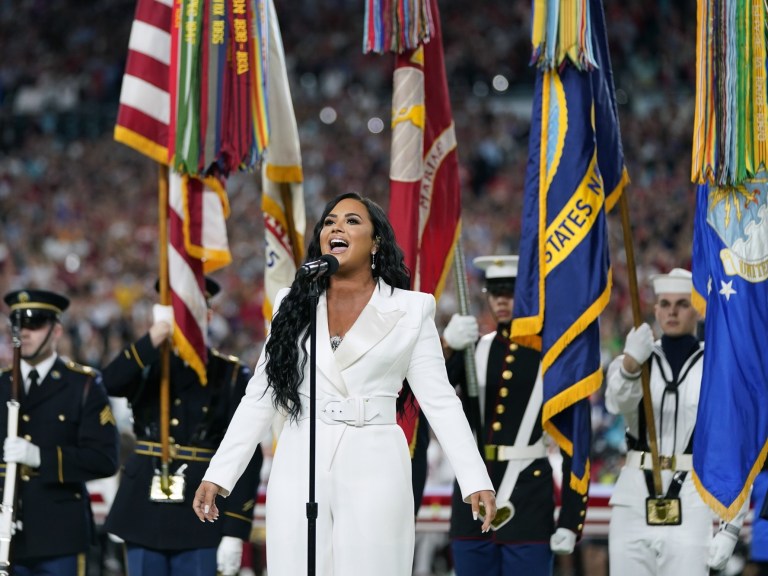 Demi Lovato performs the national anthem before the NFL Super Bowl 54_AP Images