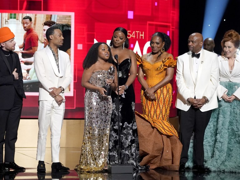 AP Chris Perfetti, from left, Tyler James Williams, Quinta Brunson, Janelle James, Sheryl Lee Ralph, William Stanford Davis, Lisa Ann Walter Abbott Elementary 54th NAACP Image Awards